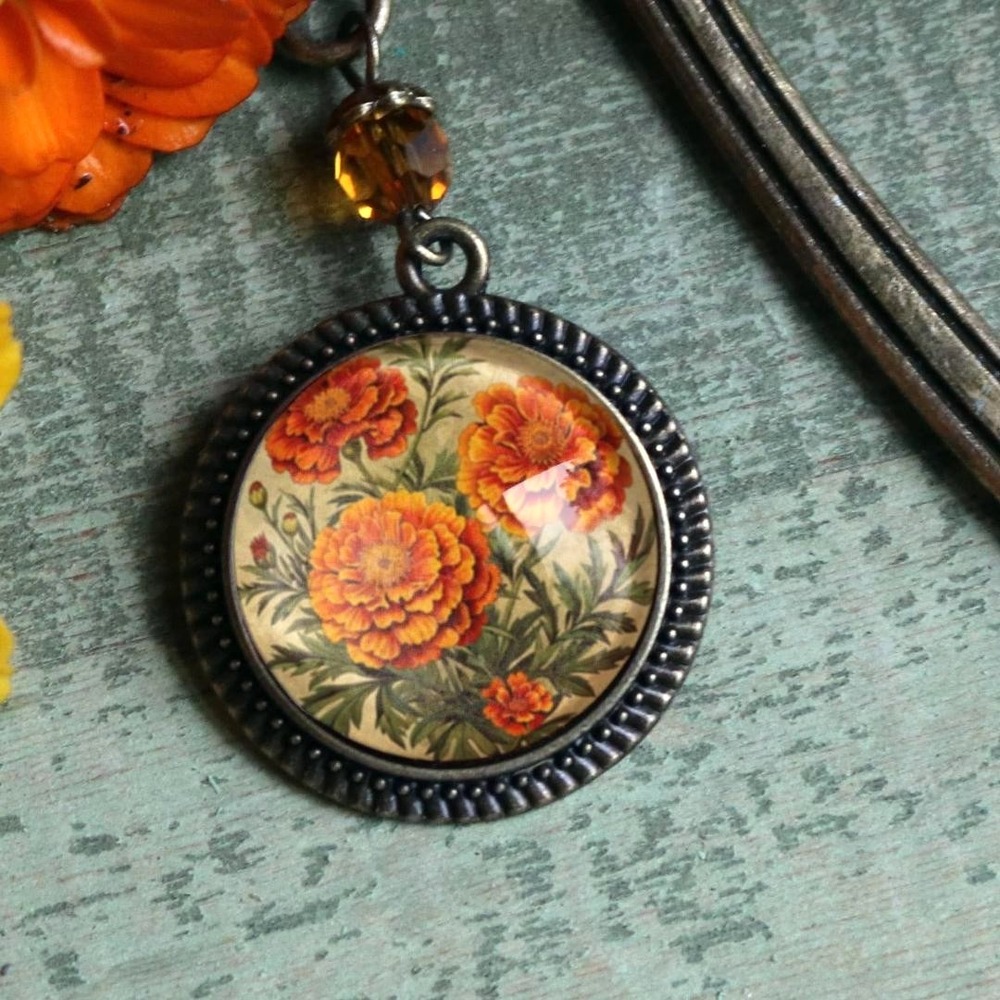 Marigold Flowers Bookmark - Floral - Bronze and‎ Glass Cabochon Book Hook